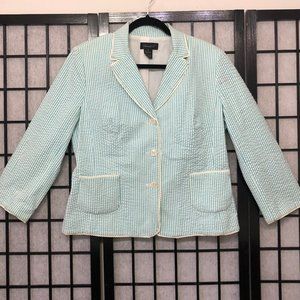 Frances P Jacket Seersucker Stripes Teal White Flower Buttons 12 Large B2